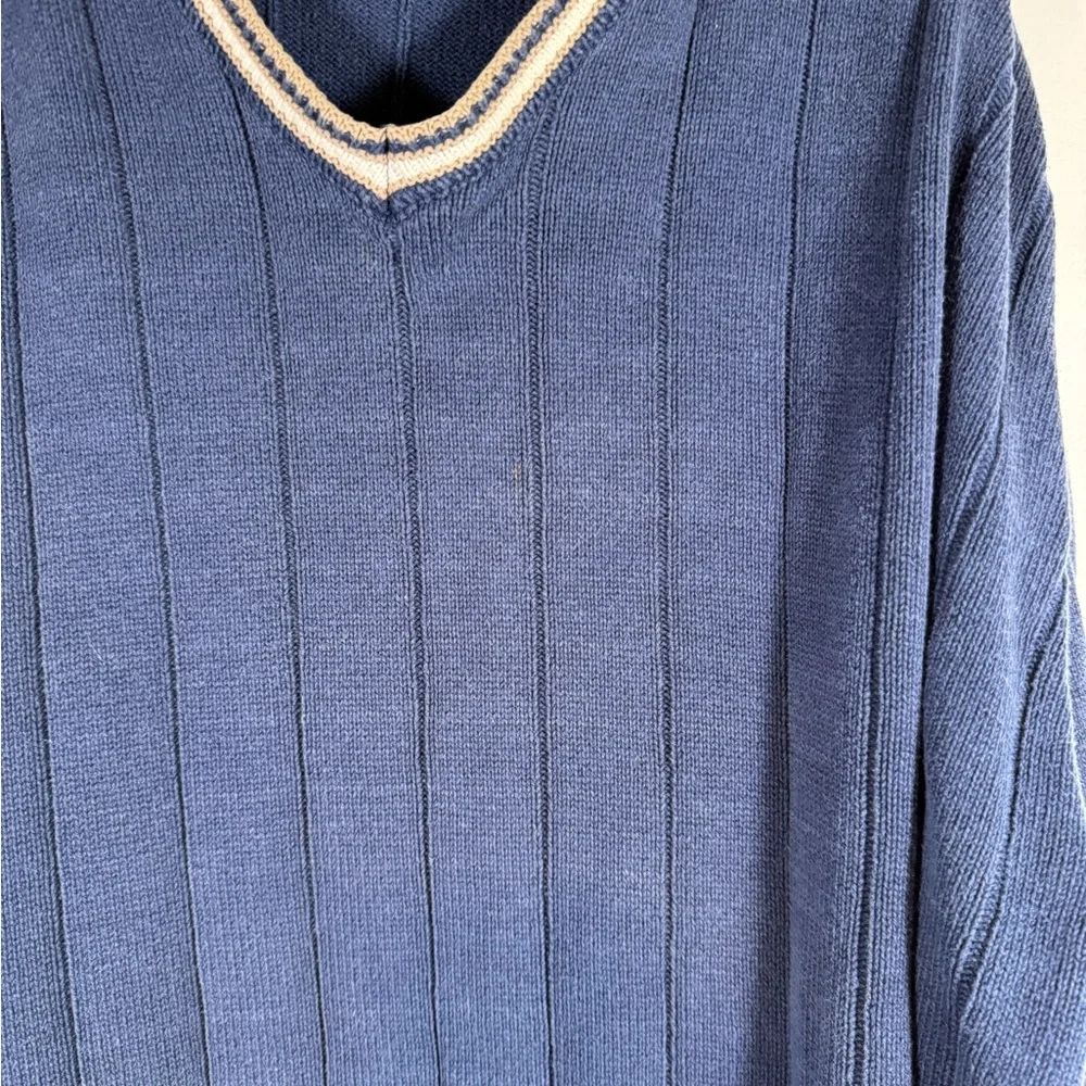 Vintage 90s Lee Sport Men’s XL Blue Ribbed V-Neck Sweater Striped Trim Preppy - Picture 7 of 7
